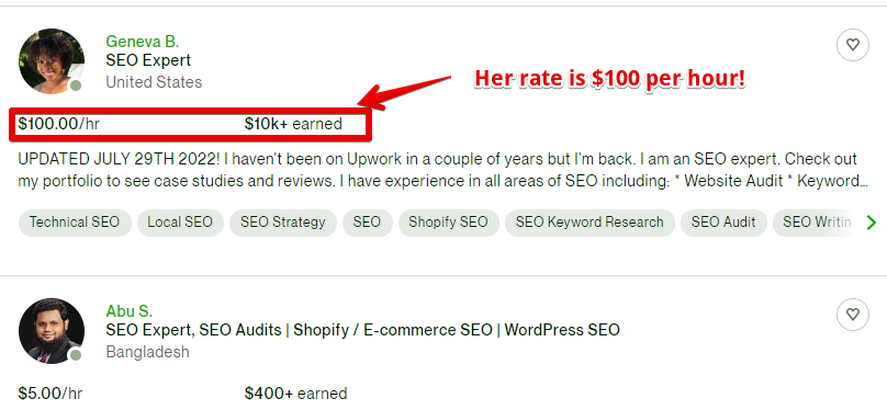 Is Solo Build it a scam? They are not teaching you full SEO skills. In this image, if you learn SEO properly, you can earn $100 per hour.