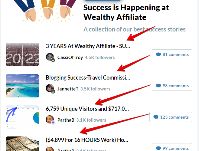 Wealthy Affiliate has thousands of Success stories