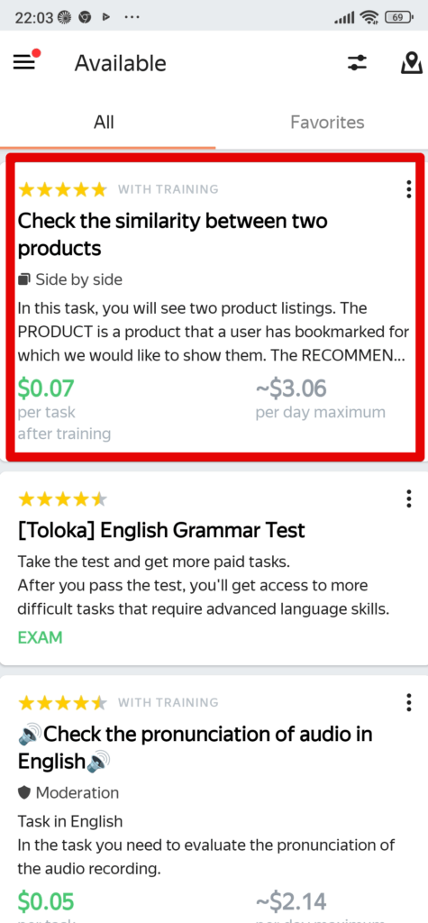 Toloka App review This screenshot shows the various tasks that I had to do