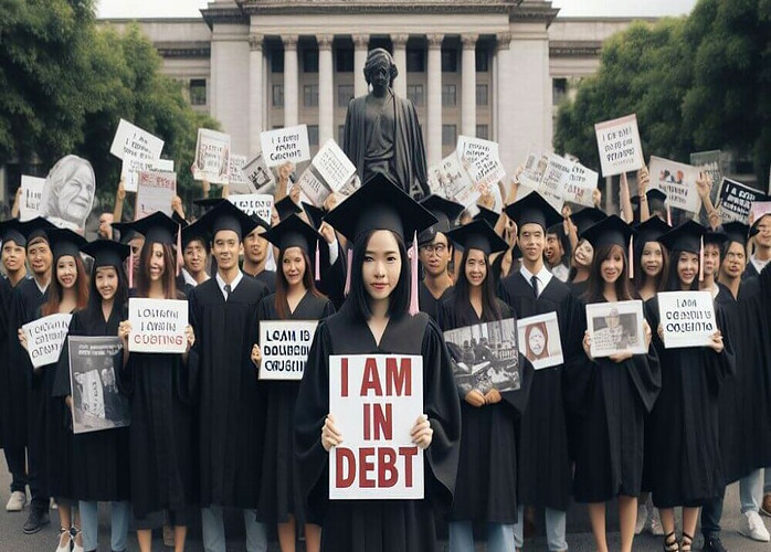 The image shows students who are debt. is it really worth it to pursue a bachelors degree