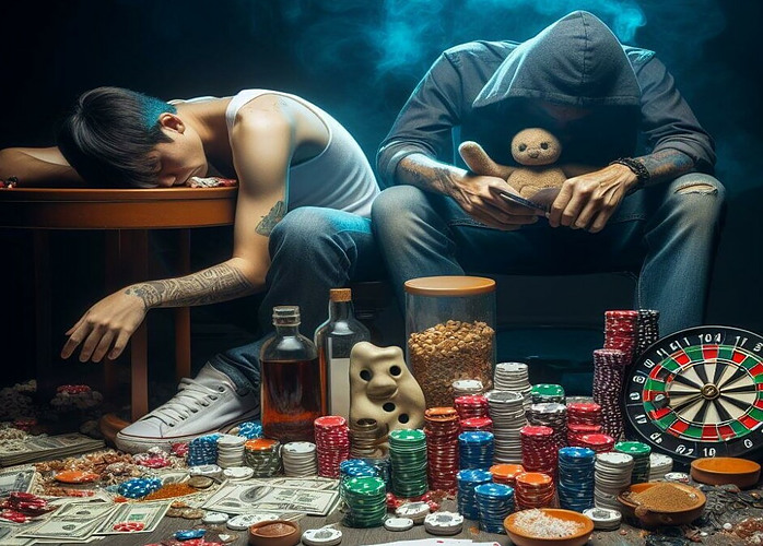 The image shows the contrast between gambling addiction vs drug addiction