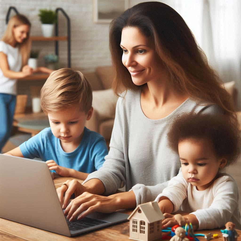 This image shows a mom doing a remote job working from home