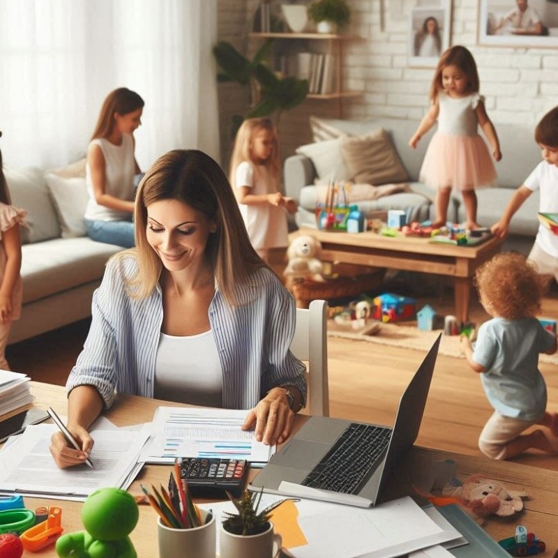 This image show a mom balacing work and family life from home