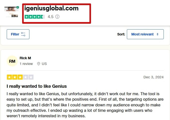 This is the igenius Global trustpilot rating