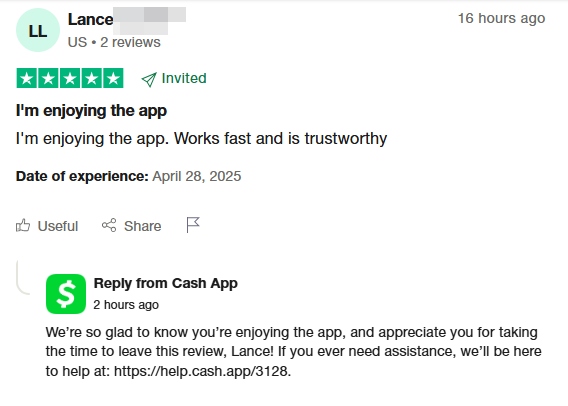 This is the testimonial from a cash app reviewer