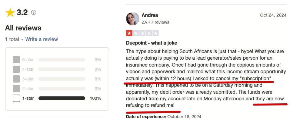 This is teh Duepoint customer review from Trustpilot