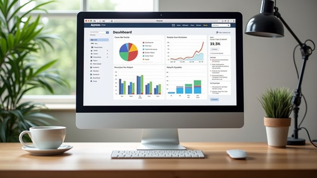 A computer workspace setup with affiliate marketing dashboards open, next to a cup of coffee and a plant, reflecting a modern home office vibe.