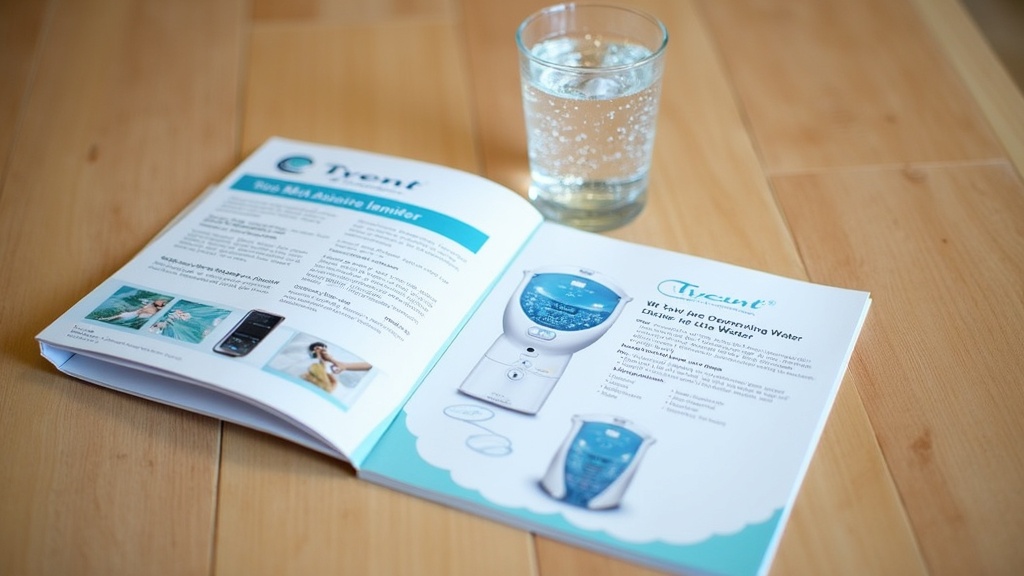 A set of Tyent water ionizer product brochures, open on a wooden tabletop beside a glass of sparkling alkaline water, emphasizing product details visually.