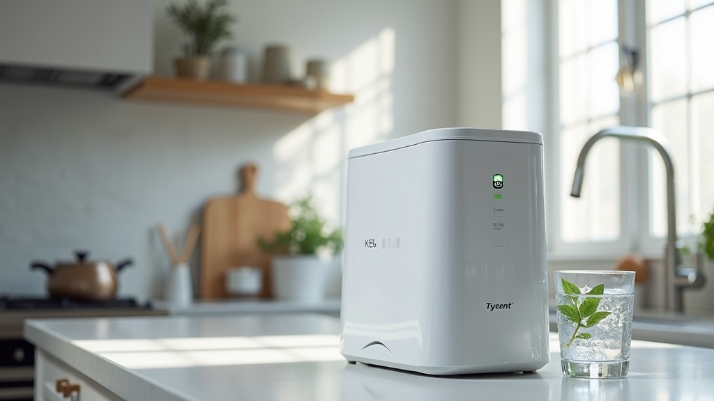 A Tyent ACE-13 water ionizer on a modern kitchen countertop next to a glass of fresh alkaline water. Stainless steel appliances and bright, clean environment.