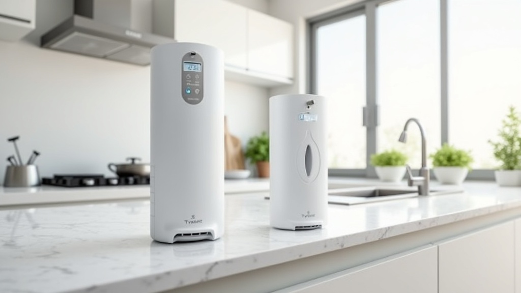 Modern kitchen setup with two different Tyent water ionizer models—one countertop and one under-counter with digital display. Bright and organized space.