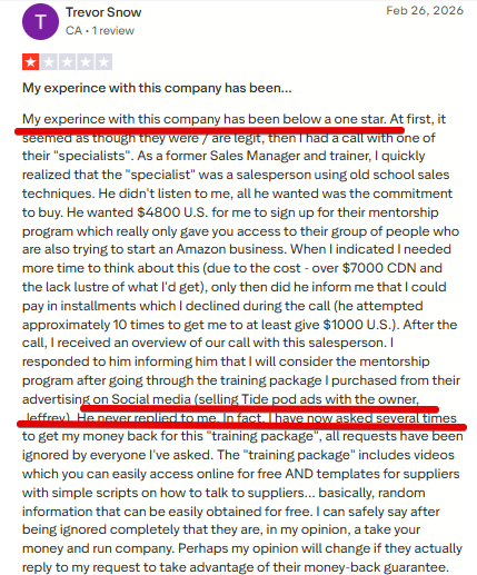 This is a testimonial from one of the users of Seller Sync Academy taken from trustpilot